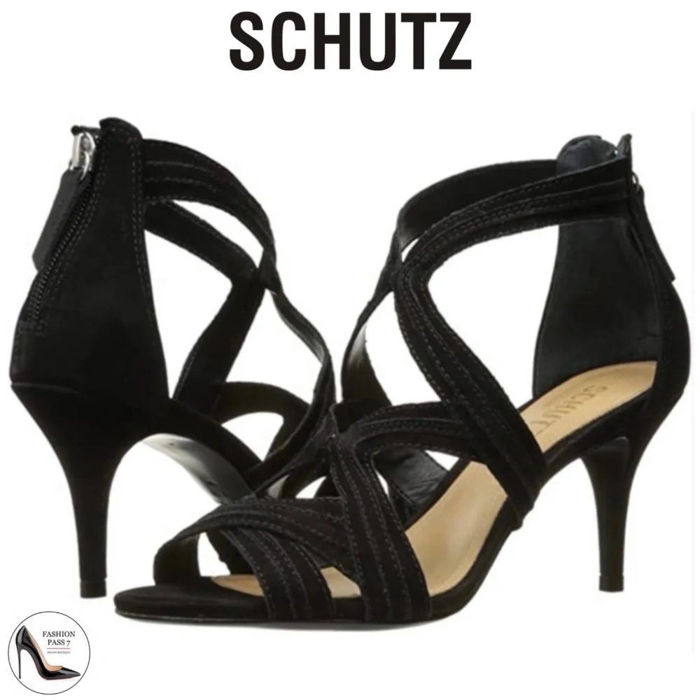 Schutz Cayenne Black Suede Stiletto Heel Pump Ankle Strap Dtress Shoe Sandals 10